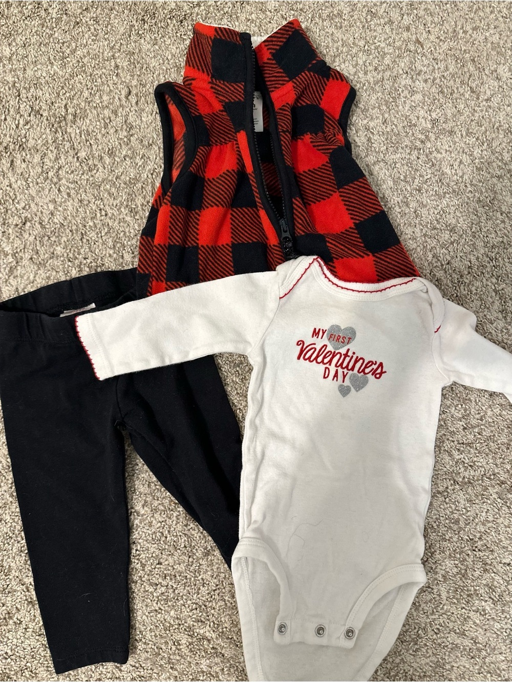 Baby Valentine Bodysuit with Black Leggings and Red Buffalo Vest